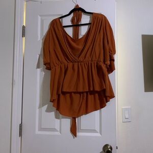 Plus Plunging Neck Split Sleeve Belted Perplum Blouse